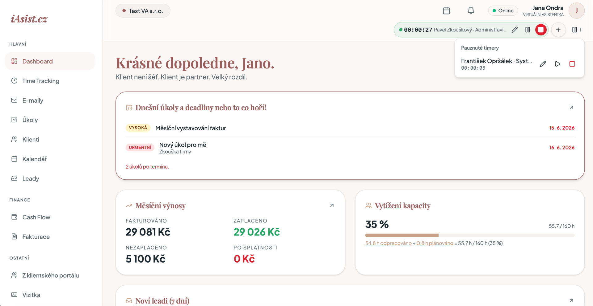 Dashboard – přehled dne